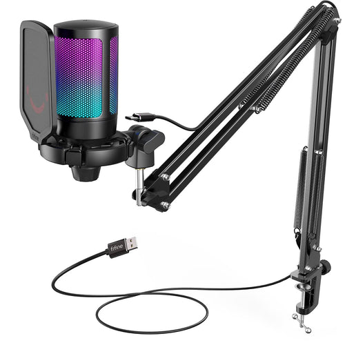 FIFINE USB Gaming Mikrofon Kit mit Auslegerarm für PC, PS4, PS5 – Kondensatormikrofon mit RGB-Beleuchtung