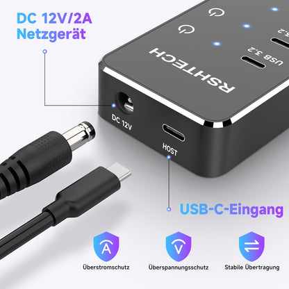 RSHTECH 10 Port USB-C Hub mit Netzteil – USB 3.2/3.0