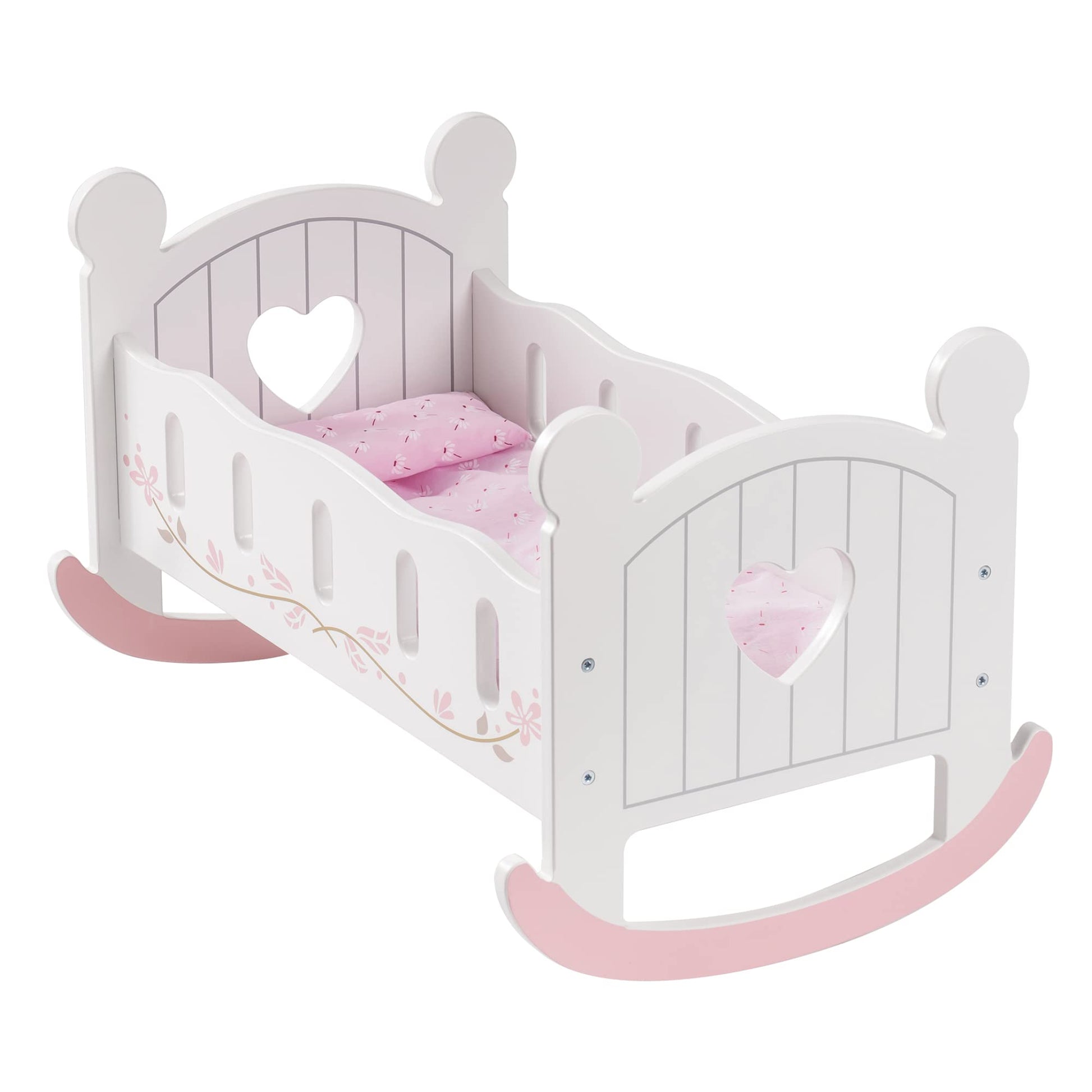 ROBUD Puppenbett aus Holz mit Bettzeug, für Puppen bis 45 cm, Kissen und Steppdecke inklusive