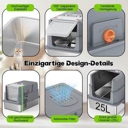 SZEE XL Edelstahl Geschlossene Katzentoilette – Klappdeckel Dunkelgrau