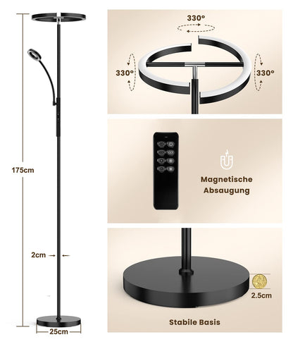 ANTENLICHT KAKA LED Stehlampe – Schwarz, Dimmbar Deckenfluter Leselicht