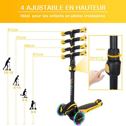 Yoleo Kinderscooter Dreirad Leuchtrollen höhenverstellbar - Gelb