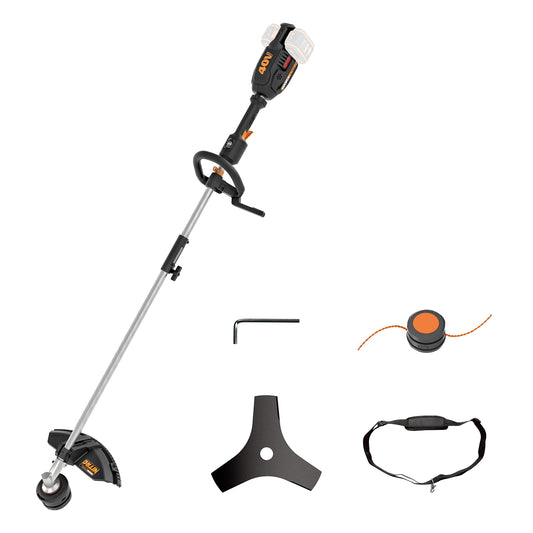WORX Nitro WG186E.92 Akku Trimmer Freischneider 40V ohne Akku. Orange-schwarzer Rasen-/Gestrüppschneider mit Stiel.