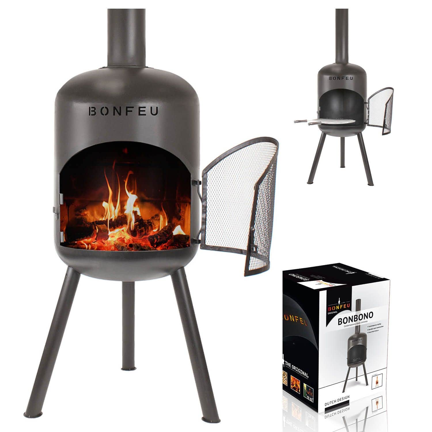 BonFeu BonBono Terrassenofen Gartenofen – Feuersäule Schwarz. Schwarze Feuersäule für Wärme und Licht auf Terrasse und im Garten.