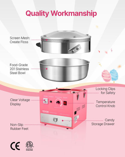 VEVOR Zuckerwattemaschine elektrisch 1000 W, Edelstahlschüssel, Rosa