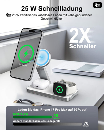 KEEPRO T8 Qi2 25 W 3-in-1 Ladestation für iPhone, Apple Watch, AirPods