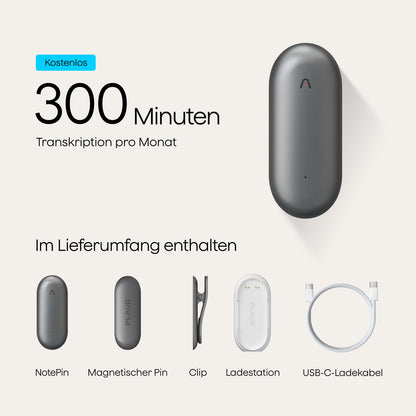 Plaud NotePin KI-Sprachrekorder, 64 GB, 112 Sprachen, Kosmisches Grau