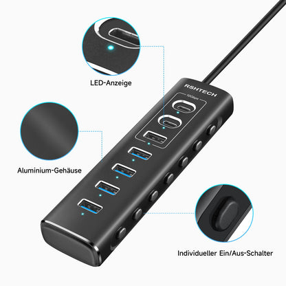 RSHTECH RSH-A107C aktiver 7-Port USB-C-Hub, Aluminium, 24W Netzteil