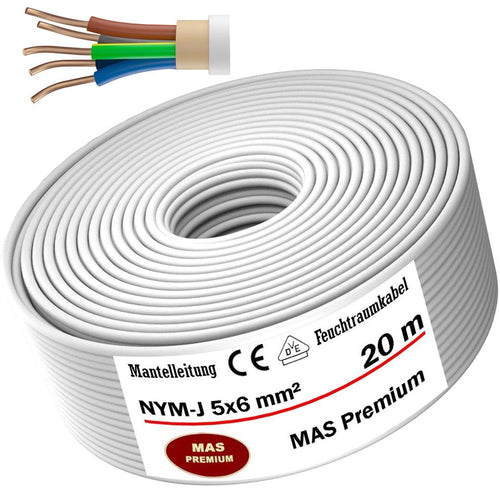 MAS Premium Feuchtraumkabel NYM-J Mantelleitung - 5x6 mm², 20m. Graues NYM-J Kabel für Feuchtrauminstallation.