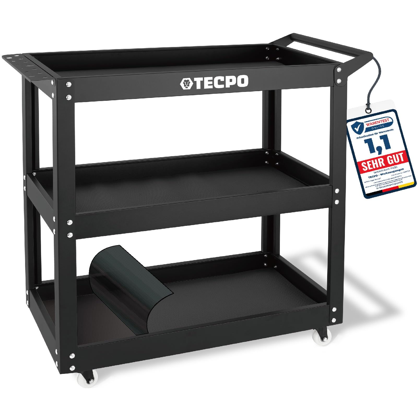 TECPO Werkzeugwagen Rollwagen 3 Ladeflächen – 300 kg Tragkraft. Mobiler Werkstattrollwagen mit 3 Etagen für Werkzeuge und Material.