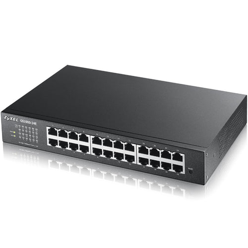 Zyxel GS1900-24E smart managed Gigabit Switch, 24-Port. Schwarzer, rechteckiger Switch mit 24 Ethernet-Ports für Netzwerke.