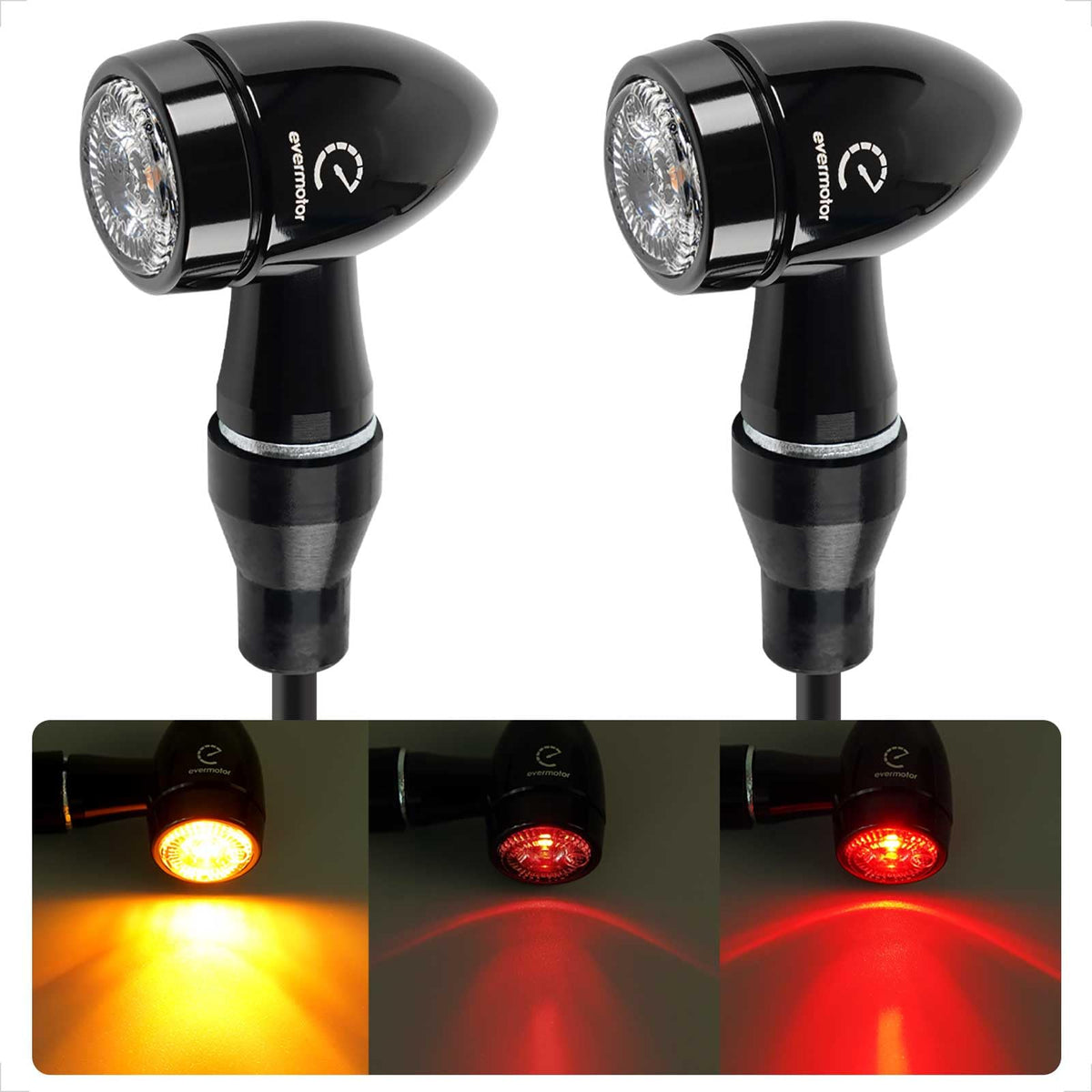 evermotor 3in1 Mini LED Motorradblinker mit Rücklicht und Bremslicht, runde Aluminiumschale