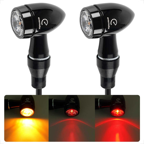 evermotor 3in1 Mini LED Motorradblinker mit Rücklicht und Bremslicht, runde Aluminiumschale