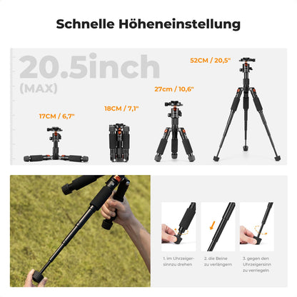K&F CONCEPT Mini Stativ S225A1+BH-25, Tischstativ mit 360° Kugelkopf