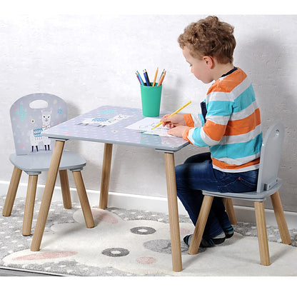 Kesper Kindertisch mit 2 Stühlen, Alpaka-Motiv, grau, 55 x 55 x 45 cm