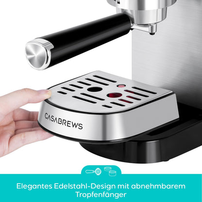 CASABREWS Espresso Siebträgermaschine Edelstahl 20 Bar – Silber