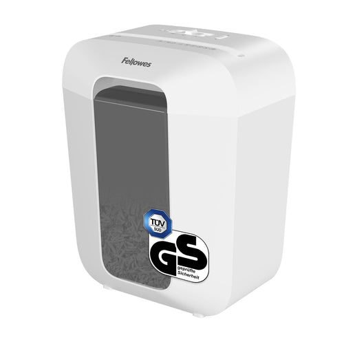 Fellowes FS-9C Aktenvernichter, Kreuzschnitt, 9 Blatt, P-4, weiss, Sichtfenster am Auffangbehälter