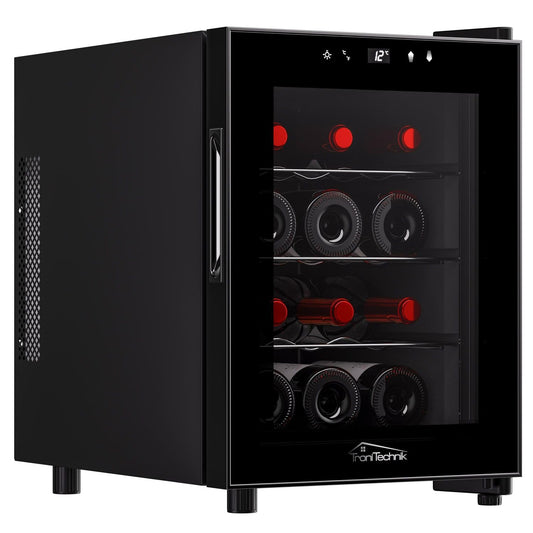 Tronitechnik Bordeaux Weinkühlschrank - 12 Flaschen freistehend. Schwarzer Glaskühlschrank zur Lagerung von 12 Weinflaschen.