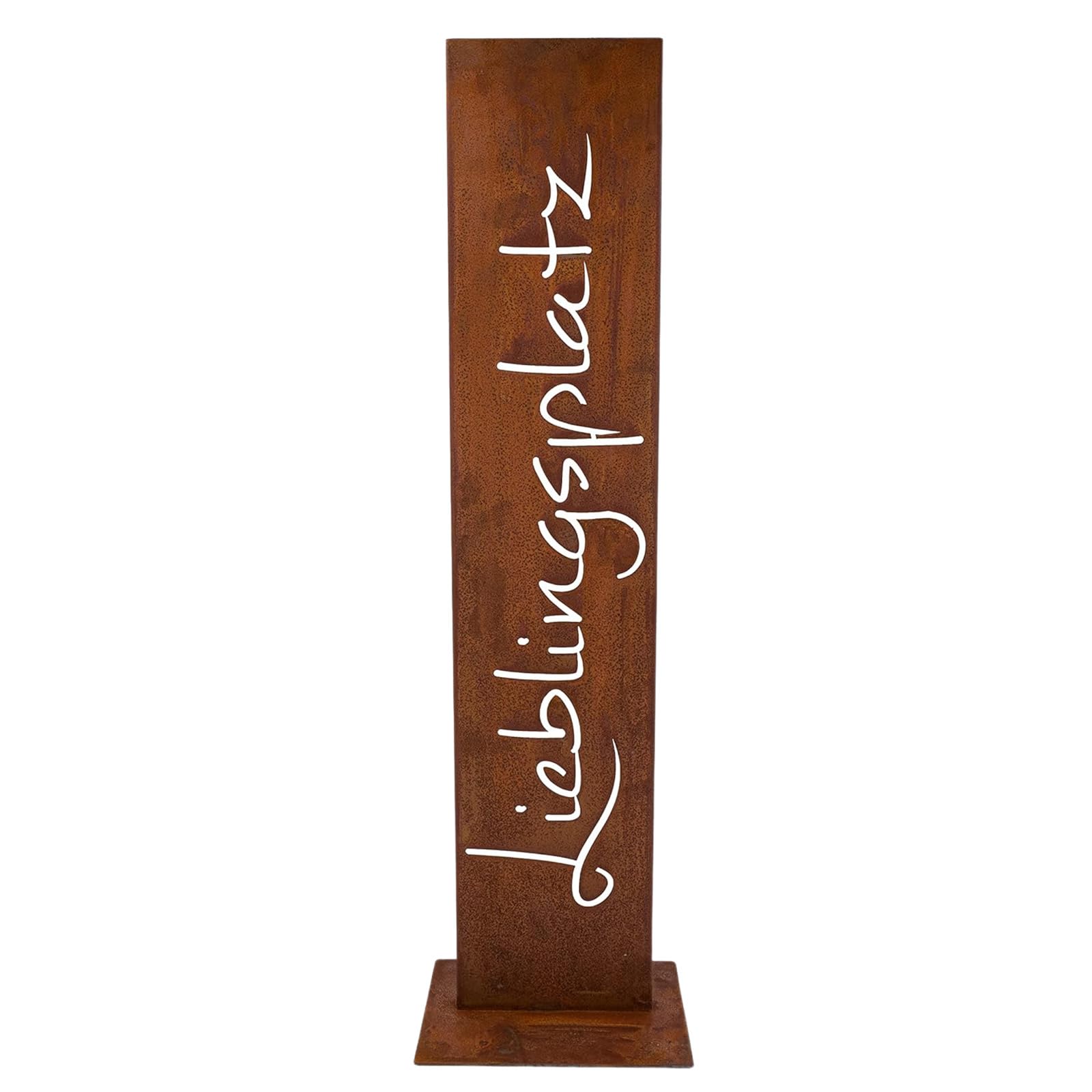Rostikal Metallschild Lieblingsplatz aus Cortenstahl, 71 cm – handgefertigte Edelrost-Dekosäule mit Bodenplatte