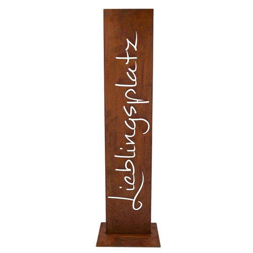 Rostikal Metallschild Lieblingsplatz aus Cortenstahl, 71 cm – handgefertigte Edelrost-Dekosäule mit Bodenplatte