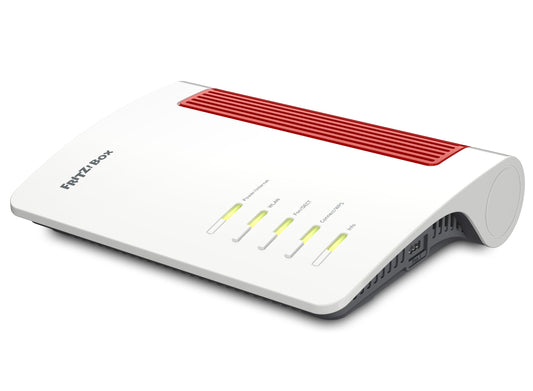 Fritz!Box 4690 Wi-Fi 7 Mesh Router mit 10 Gbit/s - Deutsch, rot-weißes Gehäuse für schnelle Wi-Fi 7 Mesh-Netzwerke.