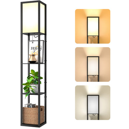 Omdekor Stehlampe JF5470 mit Holzregal, 3 Farbtemperaturen, schwarz, weisser Lampenschirm, drei Ablagen