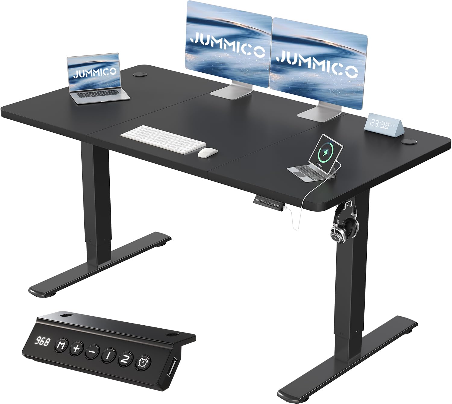 JUMMICO Elektrischer Steh-Sitz-Tisch 140x60 cm Schwarz USB. Schwarzer elektrischer Arbeitstisch zur dynamischen Haltung.