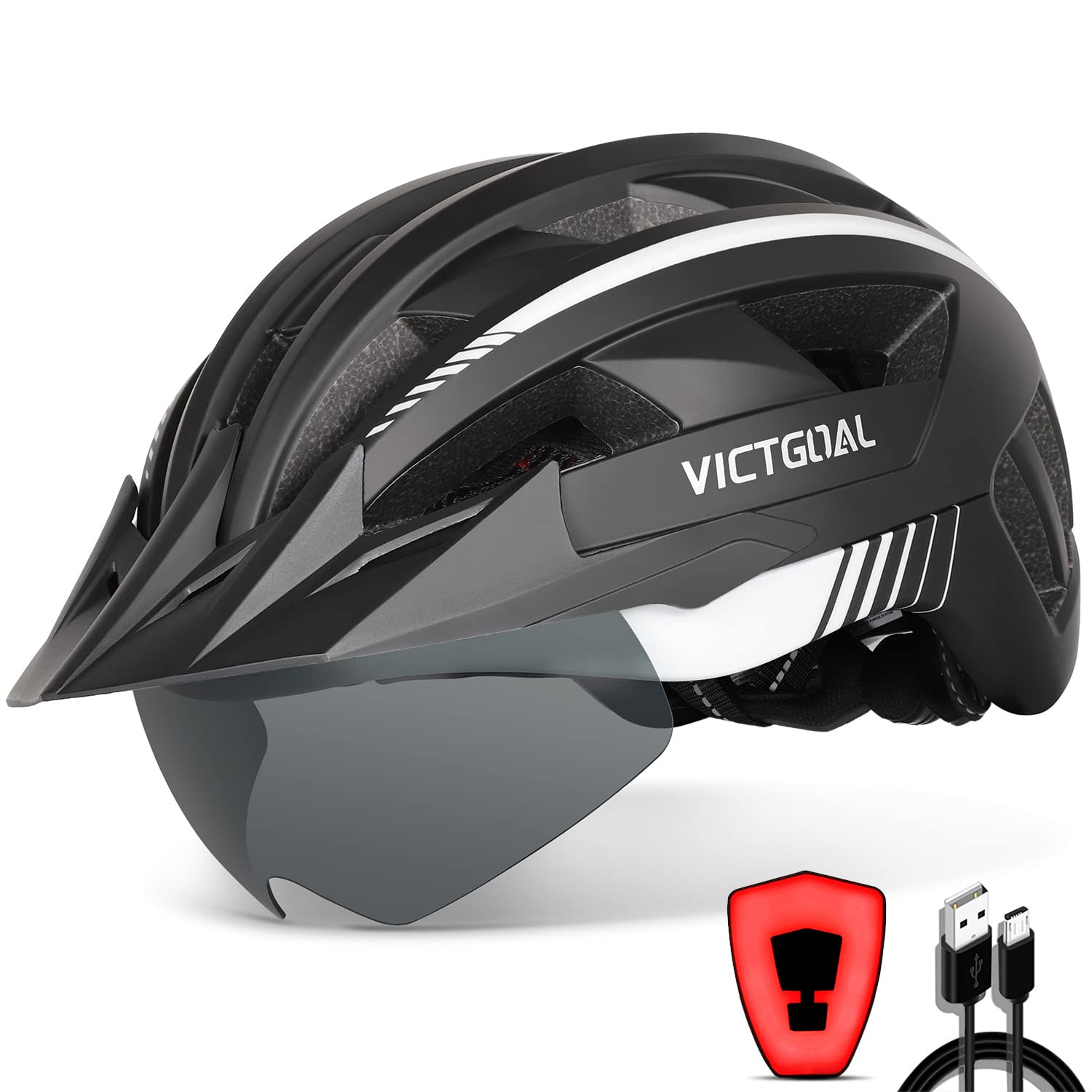 VICTGOAL VG112 MTB Fahrradhelm mit Magnetbrille, L, Schwarz-Weiss – mit LED-Rücklicht