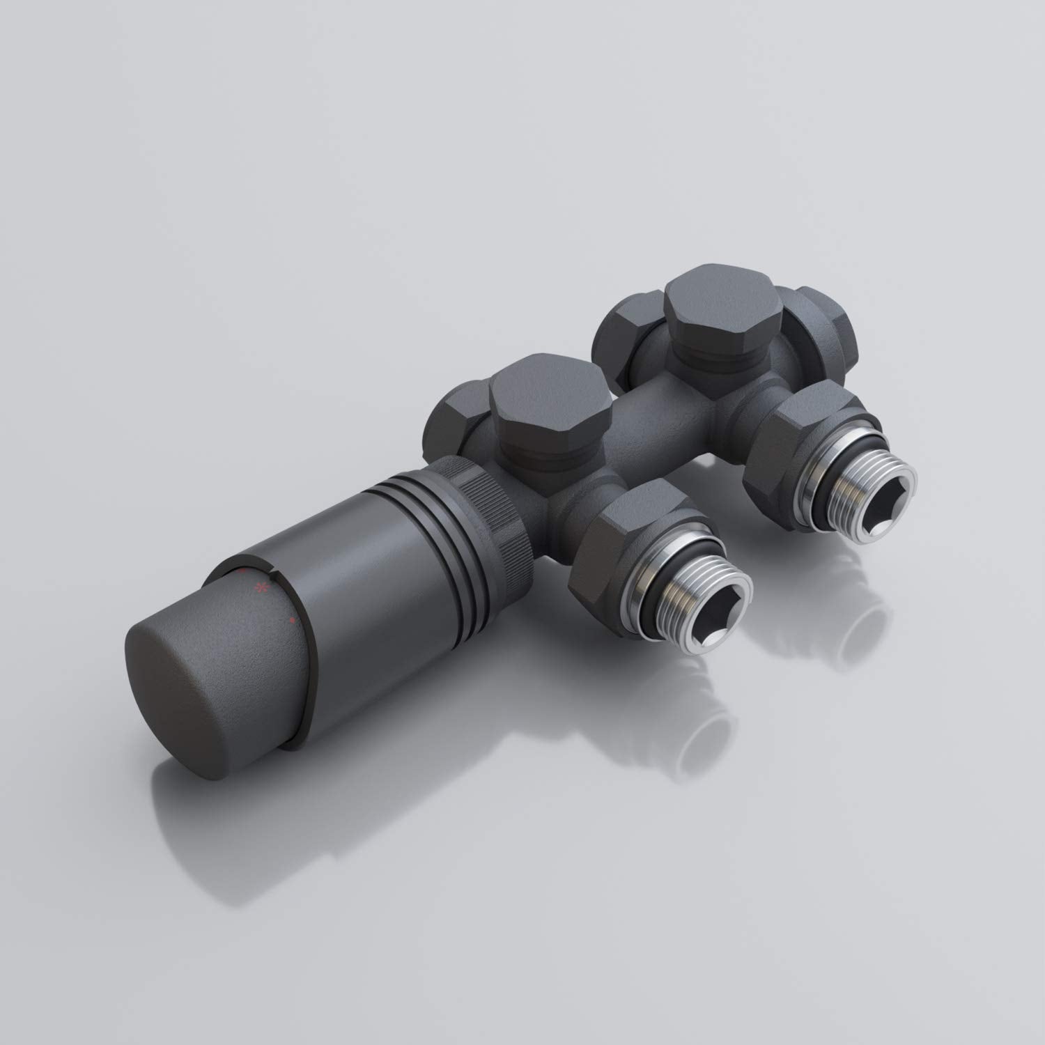 SONNI Multiblock Set Heizkörper Anschlussventil Eck/Durchgang Anthrazit. Dunkelgraues Ventilset zur Regulierung des Heizwasserdurchflusses an Heizkörpern.