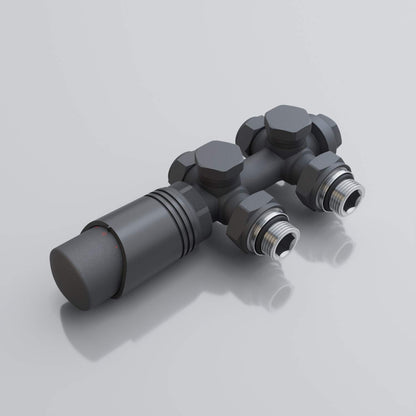 SONNI Multiblock Set Heizkörper Anschlussventil Eck/Durchgang Anthrazit. Dunkelgraues Ventilset zur Regulierung des Heizwasserdurchflusses an Heizkörpern.