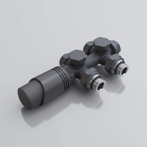 SONNI Multiblock Set Heizkörper Anschlussventil Eck/Durchgang Anthrazit. Dunkelgraues Ventilset zur Regulierung des Heizwasserdurchflusses an Heizkörpern.