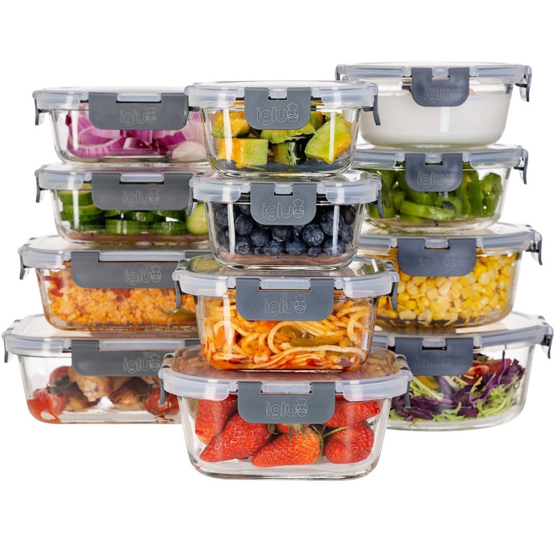 Igluu Borosilikat Glas Frischhaltedosen Meal Prep – 12er-Pack: Transparente, rechteckige Borosilikatglasdosen zum Frischhalten & Vorbereiten von Mahlzeiten.