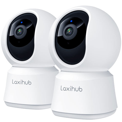 LAXIHUB Hundekamera 2K/3MP Innenkamera WLAN - 2er Set. Kompakte, weiße Kameras zur WLAN-basierten Überwachung von Haustieren und Innenräumen.