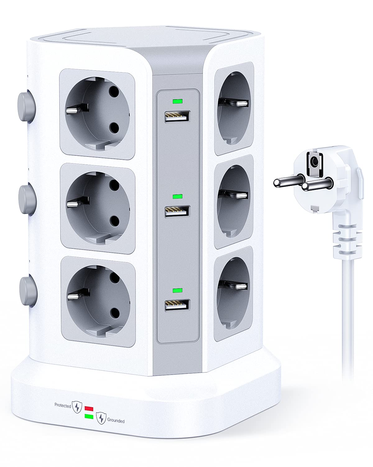 KOOSLA Steckdosenturm 12-fach mit 6 USB, Überspannungsschutz, weiss, Turmform mit drei Ebenen