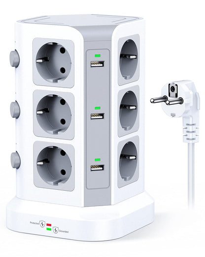 KOOSLA Steckdosenturm 12-fach mit 6 USB, Überspannungsschutz, weiss, Turmform mit drei Ebenen