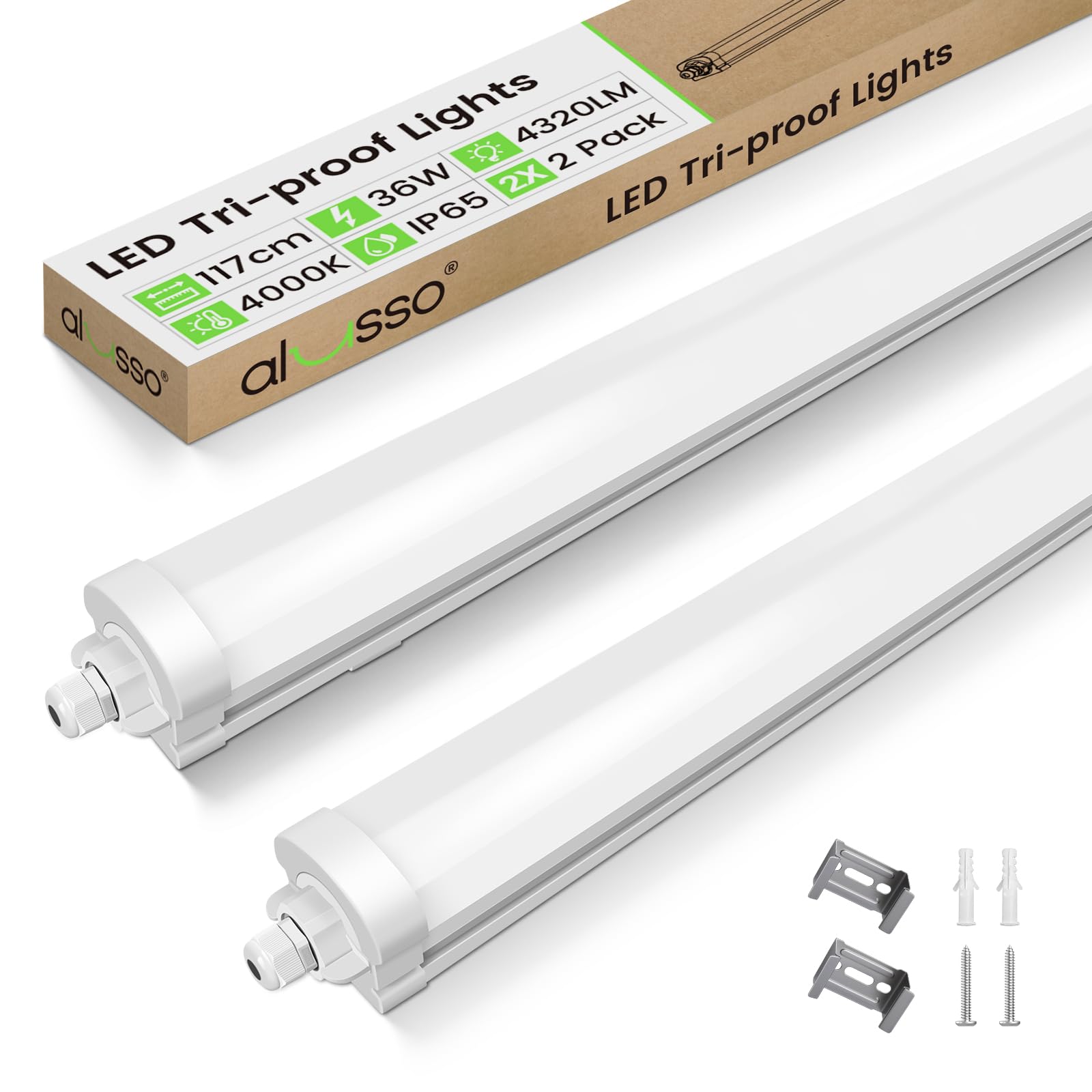 ALUSSO LED Feuchtraumleuchte 117 cm 36W 4000K IP65, 2er-Set – längliche Wannenleuchte für Decke und Wand