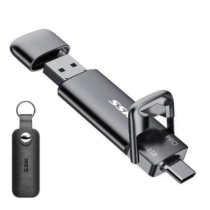 SSK Externe USB C SSD 1TB Portable Speicherplatte - Dual USB C/A. Schwarze, rechteckige SSD zum mobilen Speichern von Daten.