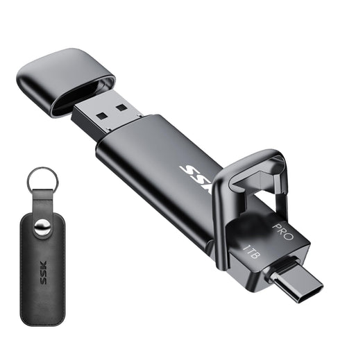 SSK Externe USB C SSD 1TB Portable Speicherplatte - Dual USB C/A. Schwarze, rechteckige SSD zum mobilen Speichern von Daten.