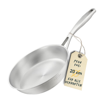 SILBERTHAL Edelstahl Bratpfanne unbeschichtet Induktion ofenfest 20cm. Runde, metallische Pfanne zum Braten, induktions- & ofengeeignet.