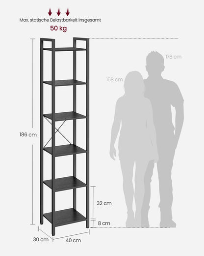 VASAGLE Bücherregal LLS101B56, 6 Ebenen, 30 x 40 x 186 cm, schwarz
