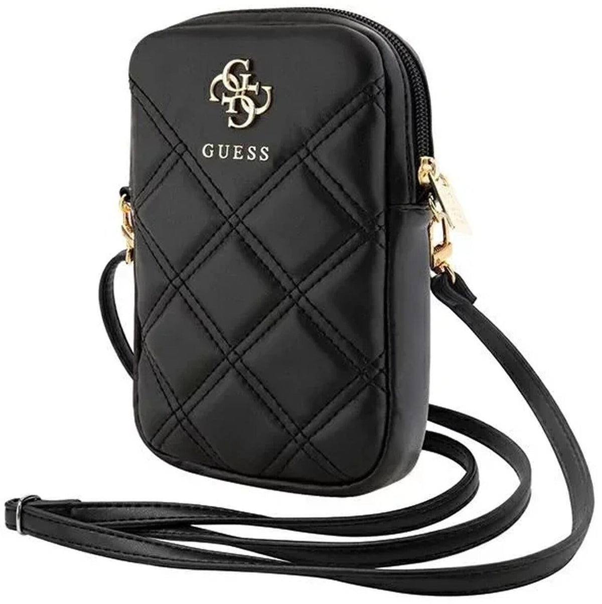 Guess Zip Quilted 4G Handytasche Schwarz mit Reissverschluss, gesteppt
