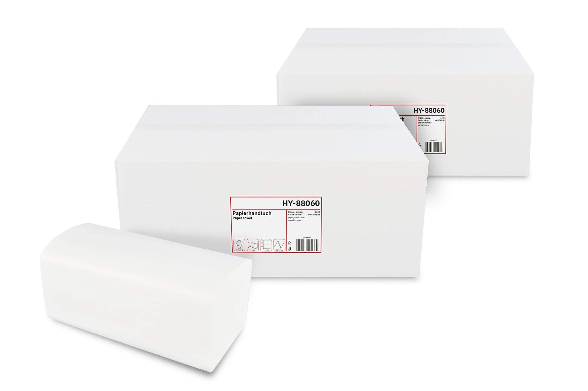 Hypafol V-Falz Papierhandtücher weiss – 2-lagig, 24x21 cm, 8000 Blatt. V-Falz-Handtücher zum Händetrocknen.