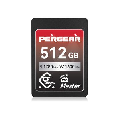 Pergear CFexpress 4.0 Typ A Master Series Speicherkarte - 512GB. Schwarze Karte. Dient als Datenspeicher für professionelle 4K/8K-Kameras.