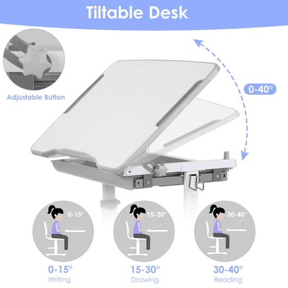 MAMIZO Kinderschreibtisch Stuhl Set Höhenverstellbar – Grau