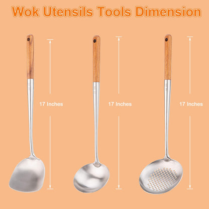 FJNATINH Wok Pfannenwender und Schöpflöffel Set aus 304 Edelstahl
