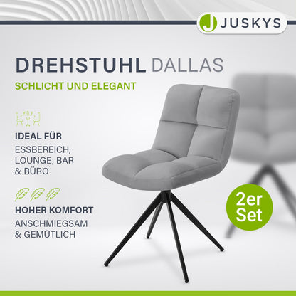 Juskys Drehstuhl Dallas Esszimmerstuhl - 2er Set Samt Hellgrau