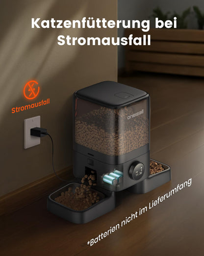 oneisall Futterautomat Katzen 5L, 2 Edelstahlnäpfe, 1-6 Mahlzeiten