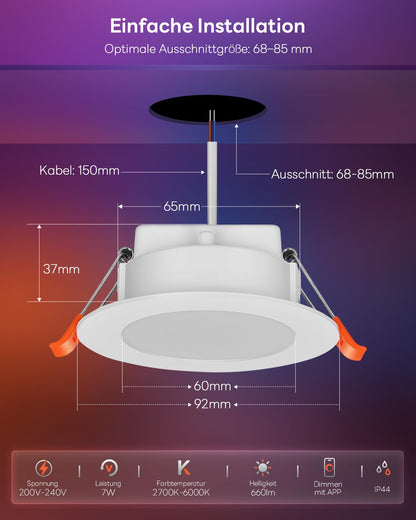 VARICART LED Einbaustrahler 230V RGB+CCT 7W dimmbar IP44 6er Set