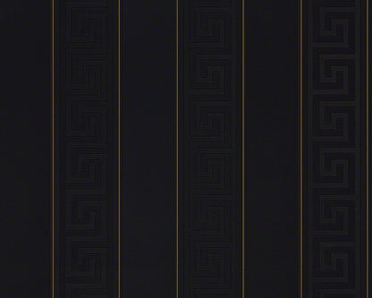 Versace Wallpaper Greek Vliestapete – Metallic Schwarz 93524-4, metallisch schwarze Vliestapete mit griechischem Muster zur Wandgestaltung.