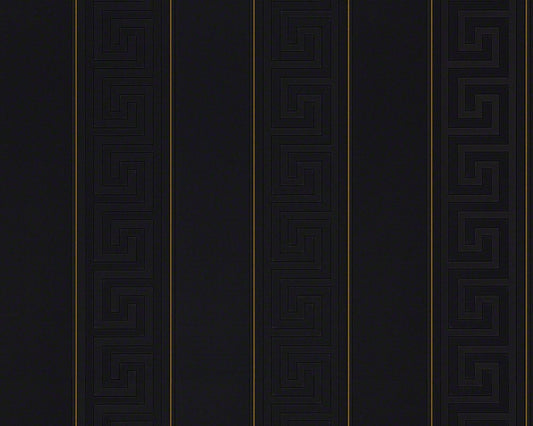 Versace Wallpaper Greek Vliestapete – Metallic Schwarz 93524-4, metallisch schwarze Vliestapete mit griechischem Muster zur Wandgestaltung.